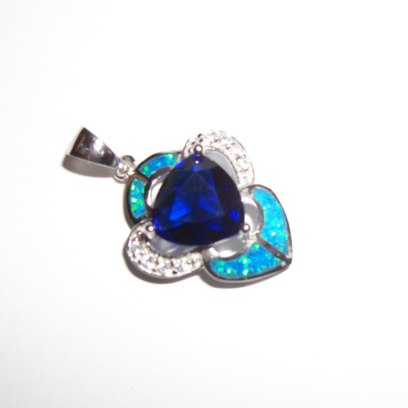 Blue Sapphire Australian Opal inlay white topaz  Sterling Silve pendant Necklace - Picture 1 of 3